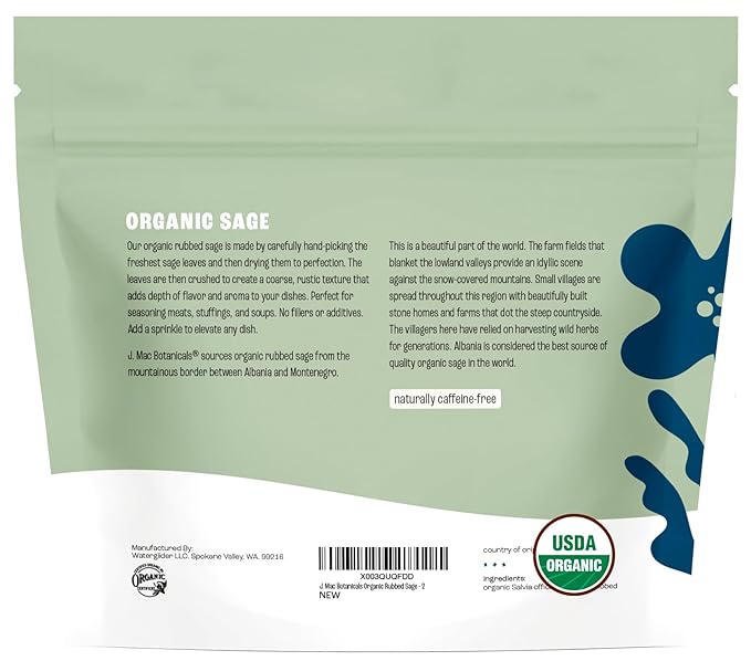 J Mac Botanicals, Organic Rubbed Sage (2 oz), Certified USDA Organic, Dried Rubbed Sage Leaf. Culinary Grade-excellent for sausage making, fresh Albanian harvest - Bloomnest