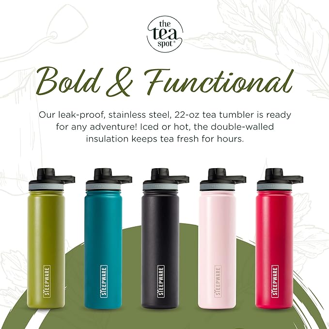 The Tea Spot Steepware Tea Tumbler and Thermos, 22oz, Tea Bottle with tea infuser for loose leaf tea or iced coffee, Sleek Double Wall Tumbler & Insulated Travel Bottle - Black - Bloomnest