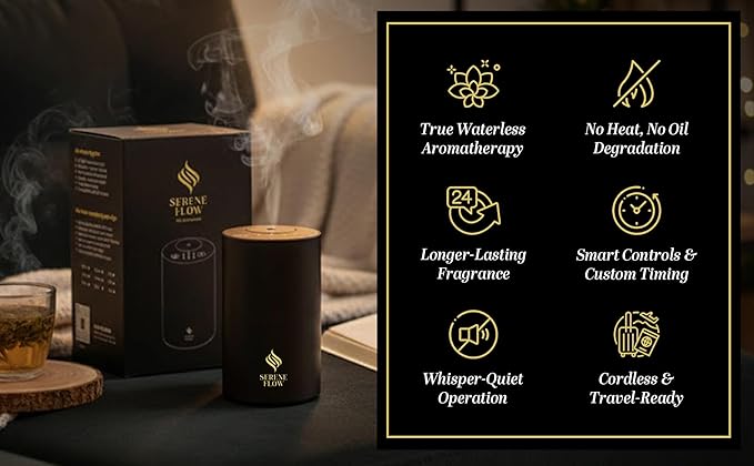 Waterless Essential Oil Diffuser, battery-operated cordless aromatherapy diffuser with timer & 3 mist levels. For car, home, office, yoga studio, nursery, bedrooms, and pet areas. Black aluminum alloy Bloomnest