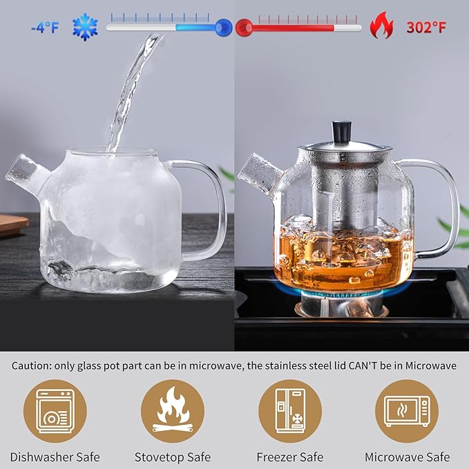 50OZ Glass Teapot With Infuser, Tea Pot for Stove Top, 1500ML Glass Tea Cup With Infuser and Lid, Microwave and Dishwasher Safe - Bloomnest