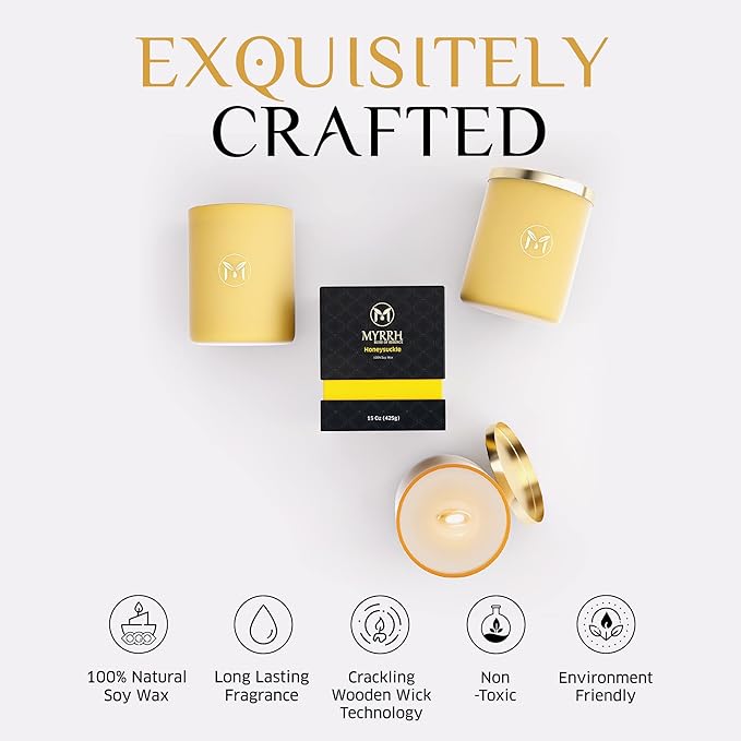 MyrrhUSA Honeysuckle Scented Candle – 15 oz Natural Soy Wax with Crackling Wooden Wick & Essential Oils | 80 Hour Burn | Luxury Aromatherapy Candle for Relaxation, Home Décor, Living Room & Bathroom - Bloomnest