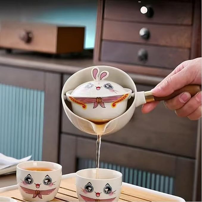 Ceramic Portable Travel Tea Set, Chinese Kungfu Tea Set with 360 Rotation Teapot and Infuser, 4 Tea Cups, Tea Tray And Travel Bag (Lovely Rabbit)