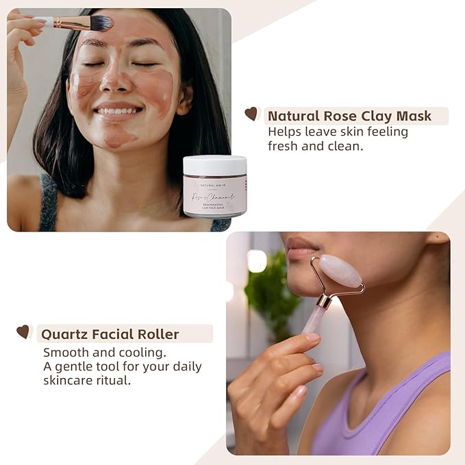 Natural Amor Rose Spa Gift Set – 6 pcs Handmade Self-Care Kit with Body Butter, Bath Salt, Clay Mask, Candle, Jade Roller & Bear Headband – Relaxation Gift for Women - Bloomnest