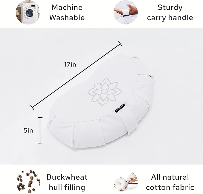 Mindful & Modern Large Meditation Cushion | Zafu Yoga Bolster Meditation Floor Pillow Seat | Buckwheat Hull Filled Crescent Shaped Cushion with Removable Washable Cover + Carry Handle - Bloomnest