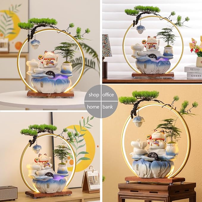 Indoor Tabletop Waterfall Fountain with Chinese Ceramic Lucky Cat Waving Arm Figurine，Desktop Mini Water Fountain Decoration，LED Light Ring Backflow Incense Burner for Desk - Bloomnest