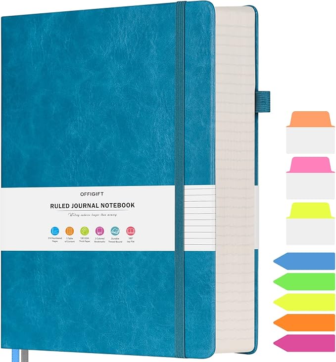 College Ruled Notebook, Large B5 Lined Journal Notebook, 314 Numbered Pages Work Notebook with Index Stickers, 100gsm Thick Paper, Hardcover Vegan Leather Journal for Women Men School Office, Blue - Bloomnest