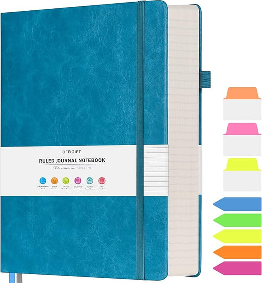 College Ruled Notebook, Large B5 Lined Journal Notebook, 314 Numbered Pages Work Notebook with Index Stickers, 100gsm Thick Paper, Hardcover Vegan Leather Journal for Women Men School Office, Blue - Bloomnest
