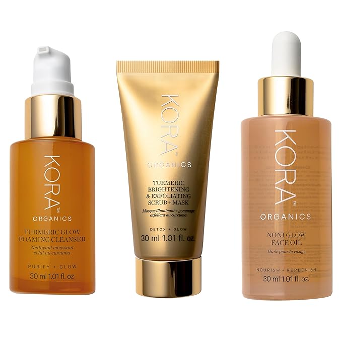 KORA Organics Best Sellers Trio, Gift Set with Noni Glow Face Oil, Turmeric Brightening & Exfoliating Mask and Foaming Cleanser (3 Items) - Bloomnest
