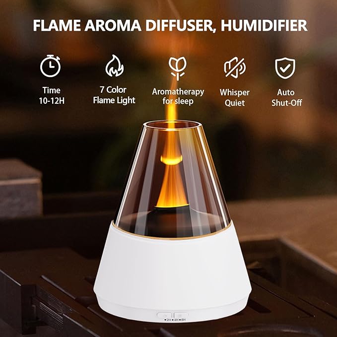 Flame Essential Oil Diffuser, Upgrade 7 Colour Lights Aromatherapy Diffuser, Oil Diffuser, Air Humidifier, Aroma Diffusers for Home, Bedroom, Office, Yoga, Timer & Waterless Auto Off (White) - Bloomnest