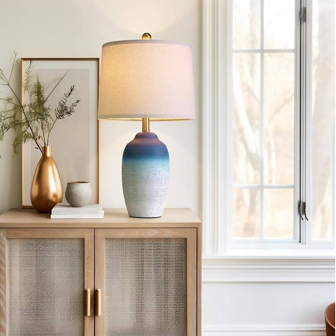 24.5" Vintage Ceramic Table Lamp - Single Farmhouse Rustic Bedside Lamp with Natural Textured Finish, Nightstand Lamps for Living Room, Bedroom, End Table, Office White and Blue - Bloomnest