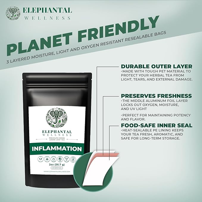Elephantal Wellness Premium Inflammation Herbal Tea | Comfort & Mobility Blend with Turmeric, Boswellia, White Willow Bark & Ginger | Handmade, Non-GMO, Caffeine-Free Loose Leaf, 2oz, 20 Servings - Bloomnest