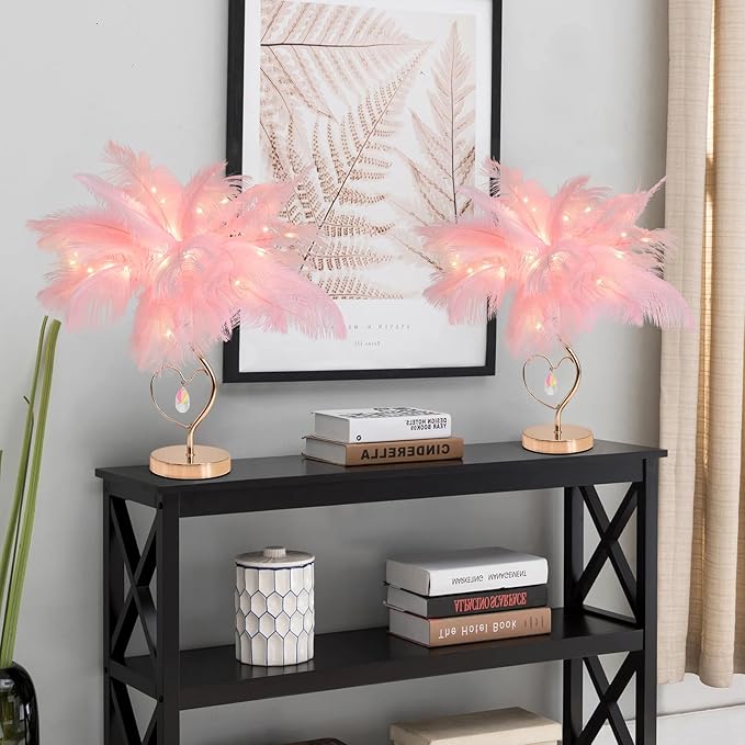 Pink Ostrich Feather Lamp Creative Furry Bedside Lamp Romantic Feather Table Lamp Fluffy Nightstand Light for Girl Bedroom Wedding Decor Valentines Dating Livingroom Hotel Office Christmas - Bloomnest