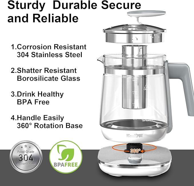 Electric Kettle, 1.5L Borosilicate Glass Hot Water Kettle Electric & Tea Kettle for Coffee or Tea, BPA Free, Auto Shut-Off, Stainless Steel, White, 1200w - Bloomnest