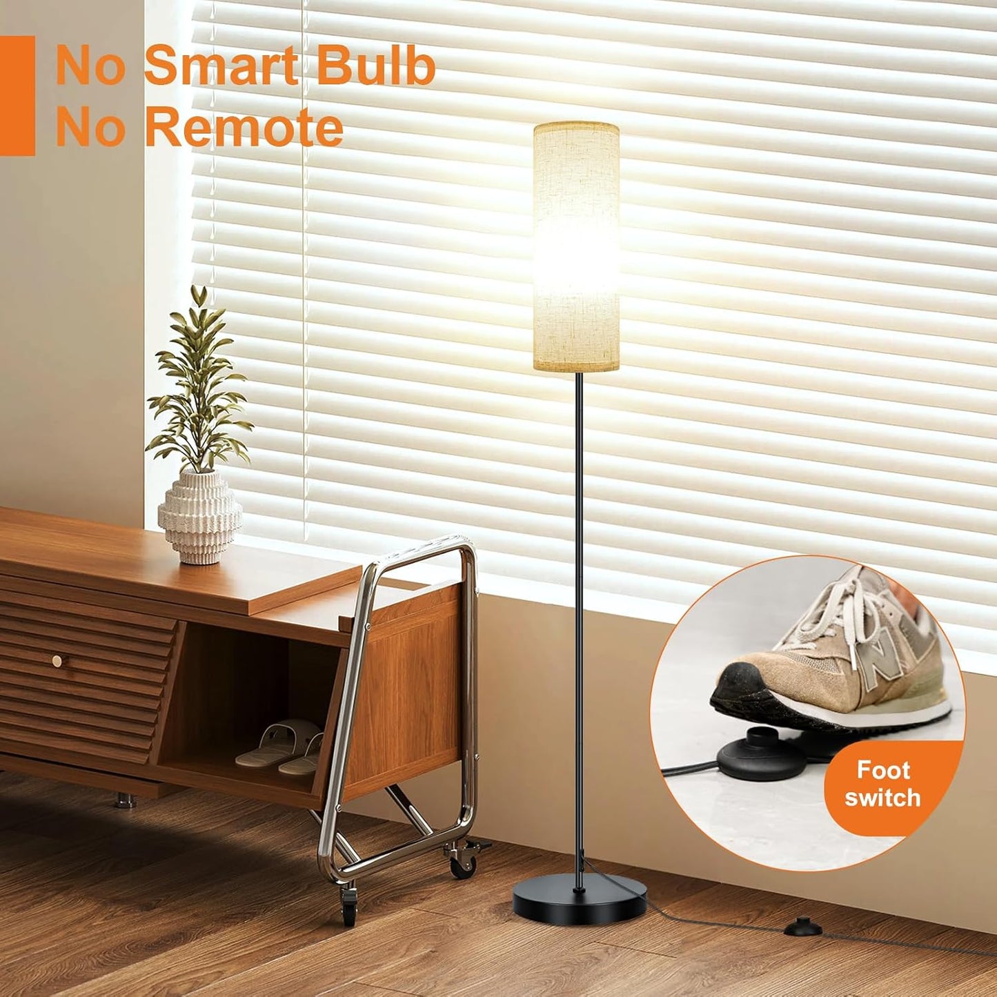 FRIDEKO HOME Floor Lamp with Beige Shade, Simple Design with Foot Pedal Switch, Small Tall Lamps for Living Room Bedroom Office, Corner Floor Stand Light with Black Pole Lamp (No Bulb/No Remote)