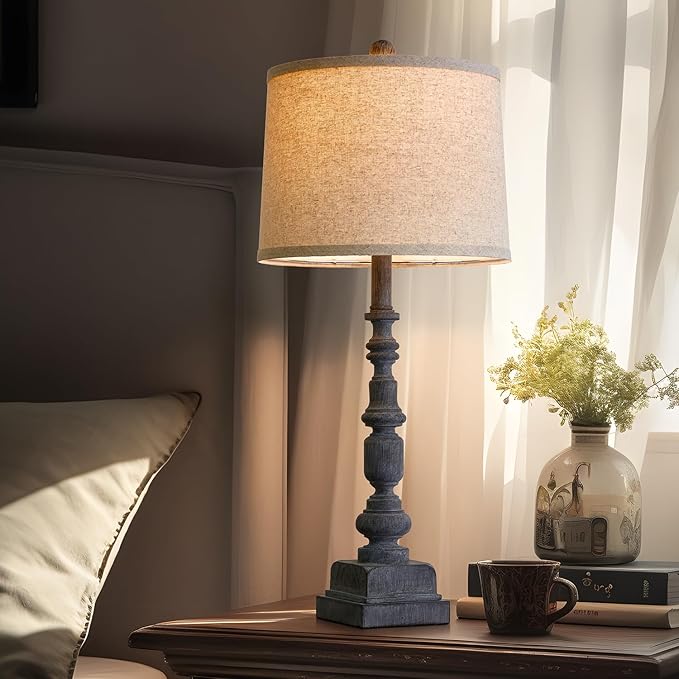 Oneach 27.75" Vintage Farmhouse USB A+C Table Lamps Set of 2 for Living Room Traditional Bedside Lamps for Bedroom Office Mid Century Table Lamp Antique Grey Accent Rustic Lamps for End Table - Bloomnest