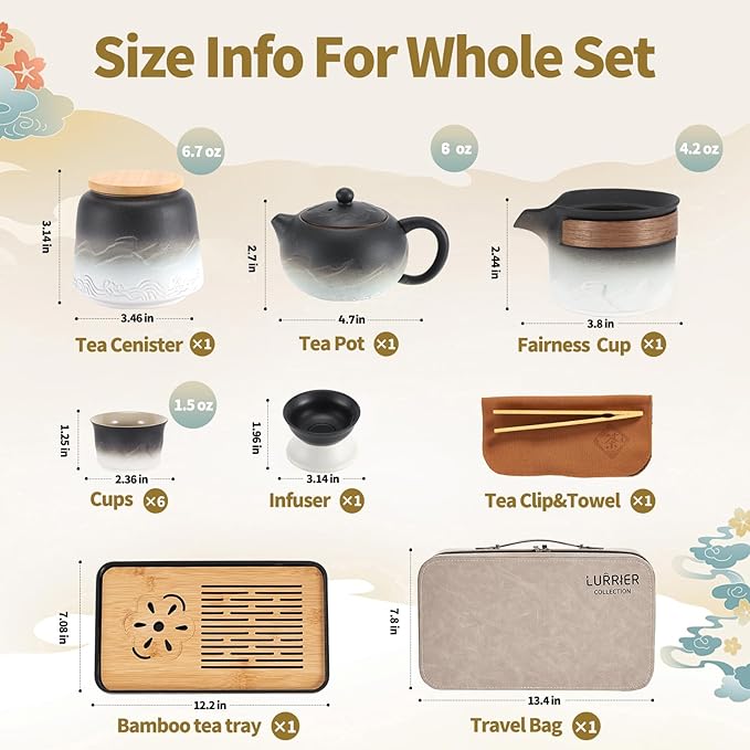 LURRIER Gongfu tea sets, Portable Ceramic TeaSet, Asian Tea sets for adult, Tea Gift sets, Grey leather case, Portable Travel Bag,Home,Gifting,Outdoor and Office(XBlack and White) - Bloomnest