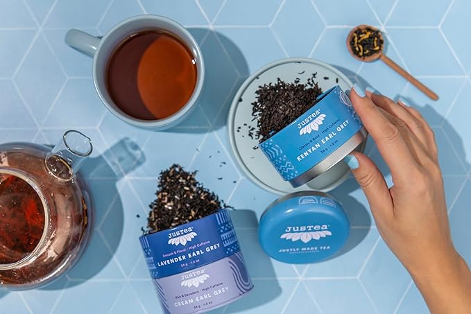 JusTea EARL GREY TEA TRIO | Stacking Tins Variety Pack with Hand Carved Tea Spoon | Loose Leaf Tea | High Caffeine | Fair Trade | Non-GMO - Bloomnest