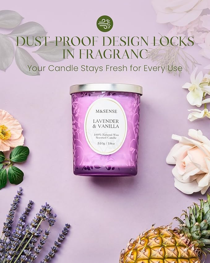 M&SENSE Lavender Vanilla Scented Candle, Cracking Wooden Wick Soy Wax, 18oz 100 Hours Long Lasting Clean Burn, Large Jar Candles for Home Decor, Non-Toxic Relaxing Aromatherapy Gifts for Women - Bloomnest