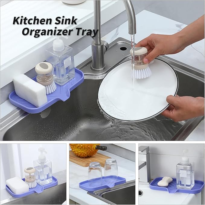 Silicone Bathroom Soap Dishes with Drain Spout-Bathroom and Kitchen Sink Organizer,Sponge Holder,Dish Soap Tray,Perfect for Dispenser,Scrubber,Bottle on Sink or Counter-Light Purple 9.6"×5.3" - Bloomnest