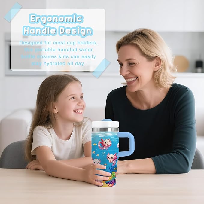 Axolotl Gifts for Girls - 14oz Blue Kids Axolotl Tumbler with Handle and Straw, Stainless Steel Insulated Water Cup, for Sport, School, Travel - Axolotl Lovers Gift for Children Birthday Gift Cup(1pc) - Bloomnest