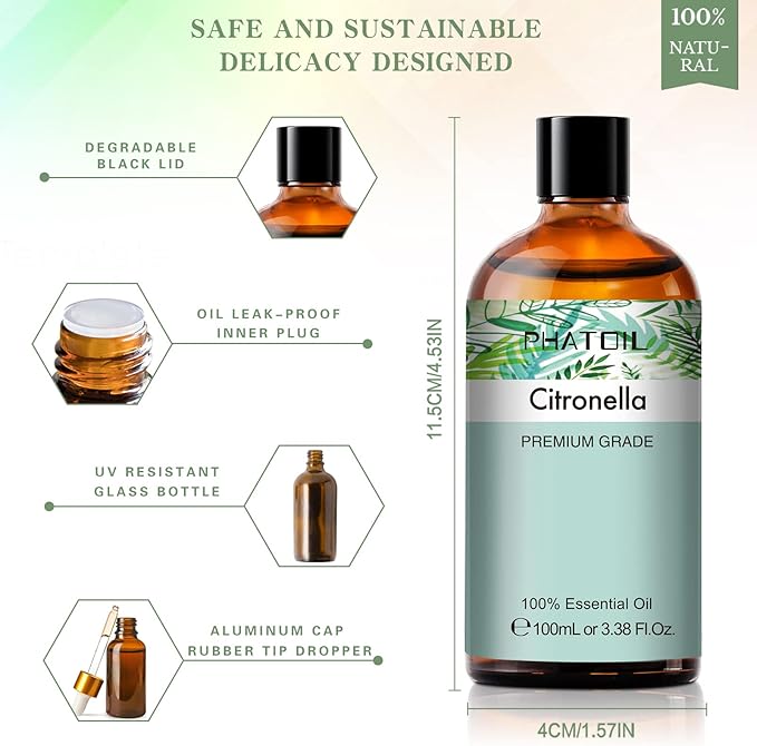 PHATOIL 100ML Citronella Essential Oil, for Aromatherapy Diffusers, Humidifiers, Great for DIY Candle and Soap Making, Gift for Friend PHATOIL