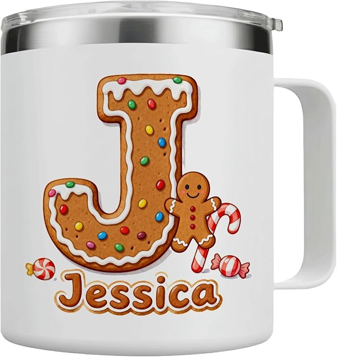Personalized Christmas Mug | Custom Gingerbread Initial Insulated Coffee Cup with Handle & Lid | 12oz Holiday Tumbler, Cute Stocking Stuffer Gift for Women & Kids (B01) - Bloomnest