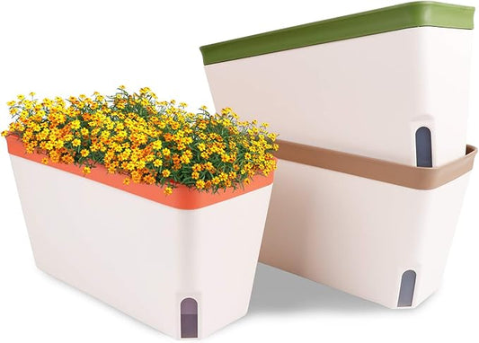 OurWarm Windowsill Herb Planter Box, Set of 3 Self Watering Plant Pots, 10.5 Inch Rectangular Planter Pot, Decorative Garden Flower Pots for Indoor Plants, Herbs, Vegetables, Flowers (3 Colors) - Bloomnest