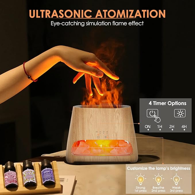SALKING 2-in-1 Ultrasonic Essential Oil Diffuser & Himalayan Salt Lamp, Aromatherapy Diffuser Cool Mist Humidifier with Auto Off Function, 100% Pure Himalayan Pink Salt Rock, 150ml (Wooden Grain) - Bloomnest