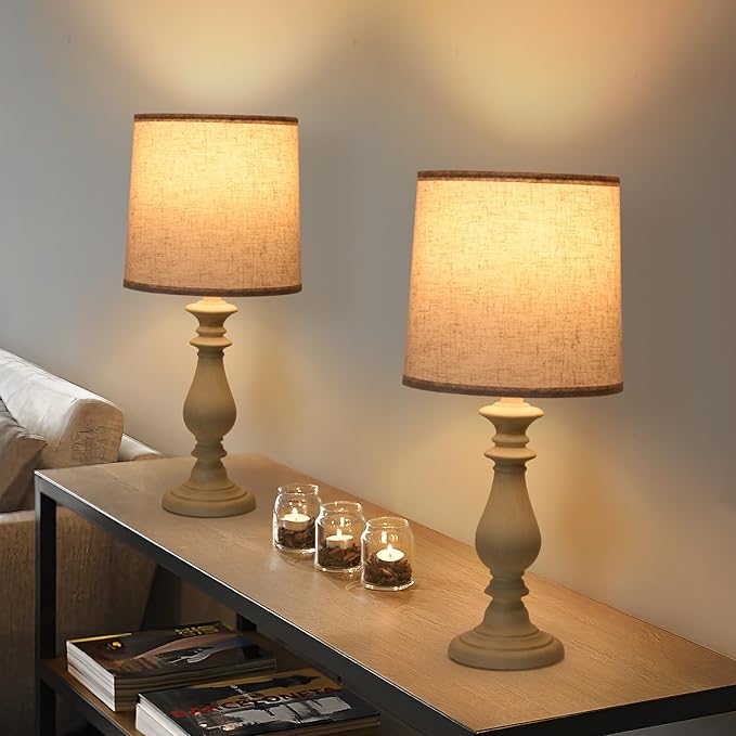 Lamps Set of 2 Vintage Rustic Farmhouse Table Lamps Bedside Reading Lamp Bedroom Nightstand Living Room Teapoy Lamp, Desk Light, 22 Inch High, White Wash, with Fabric Shade, Bulb Not Included - Bloomnest