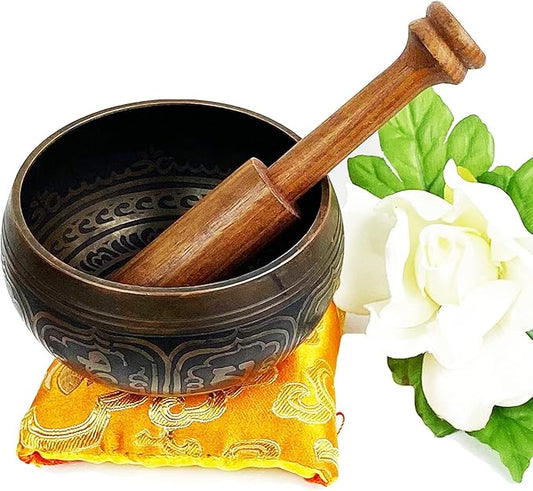 3376 SB Tibetan Auspicious Symbol Singing Bowl Set ~ Mallet Cushion Meditation Chakra Healing Prayer Yoga Mindfulness (SB-3376-E) - Bloomnest