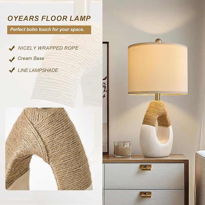 OYEARS 22” Boho Table Lamps for Bedroom Living Room Upgraded Set of 2 Medium Farmhouse Rattan Table Lamps, Rustic Home Decoration Nightstand Bedside Lamp for Office (Not Include Bulbs) - Bloomnest