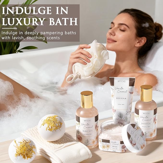 Birthday Gifts for Women, Vanilla Coconut Relaxing Spa Gift Baskets for Women Self Care Package Bath Gift Set, Home Bath and Body Kit Pamper Valentines Day Gifts for Her Womens Mom Friends Sister Wife - Bloomnest