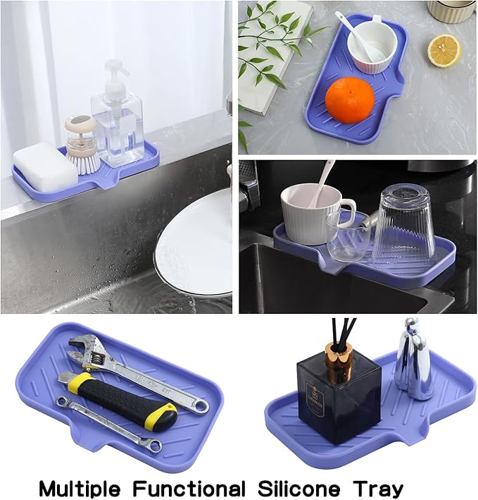 Silicone Bathroom Soap Dishes with Drain Spout-Bathroom and Kitchen Sink Organizer,Sponge Holder,Dish Soap Tray,Perfect for Dispenser,Scrubber,Bottle on Sink or Counter-Light Purple 9.6"×5.3" - Bloomnest