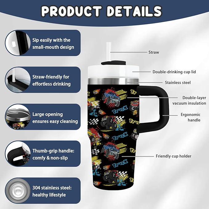 Monster Truck Tumbler Gifts for Boys - 14 oz Kids Tumbler with Handle & Lid, Stainless Steel Insulated Travel Mug, Featuring Monster Truck Designs, for School, Travel, Children's Birthday Gift (1pc) - Bloomnest