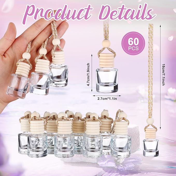 60 Pcs Hanging Car Air Freshener Car Diffuser Bottle Empty Glass Perfume Air Freshener Diffuser Bottle Pendant for Essential Oils Fragrance Aromatherapy Ornament Decor (Cylinder Style) - Bloomnest