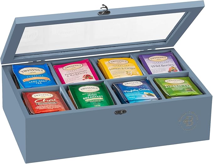 Tea Bag Organizer - Grey Bamboo Tea Box Organizer Storage Box, Tea Bag Holder with Acrylic Window, Magnetic Lid Keeps Tea Bags Fresh - Tea Organizer Caddy (Tea Not Included) Christmas Gift - Gray - Bloomnest