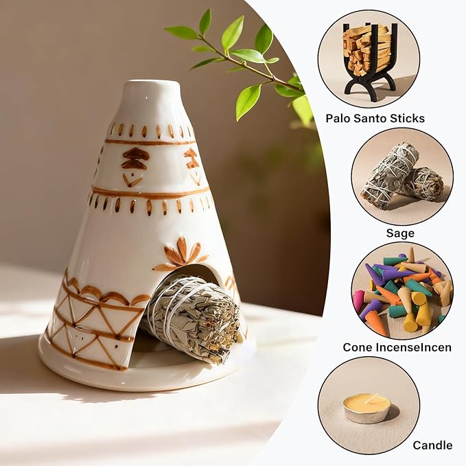 Handcrafted Palo Santo Holder Ceramic Chimney Incense Burner - Tent Shape - Safe for Palo Santo Sticks Sage & Incense Cones for Meditation Yoga Zen Altar Aromatherapy - Thoughtful Gift Idea MOUGIGI