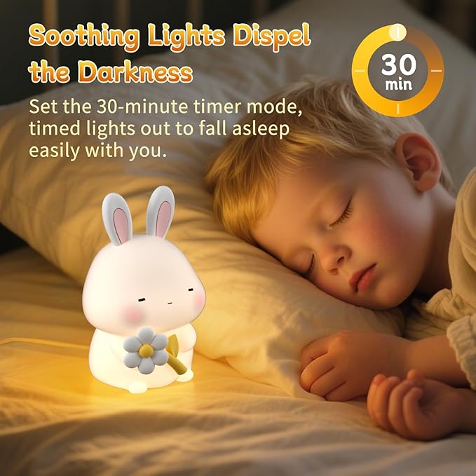 Bunny Night Light for Kids, Cute Rabbit Soft Silicone Lamp, Baby Nursery Nightlight, Touch Dimmable, 1200mah Battery, Kawaii Stuff Home Decor, Christmas Holiday Gift for Girl,Boy,Toddler - Bloomnest