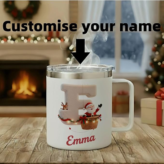 Personalized Christmas Mug | Custom Santa & Reindeer Flight Initial Insulated Coffee Cup with Handle & Lid | 12oz Holiday Tumbler, Cute Stocking Stuffer Gift (B15) - Bloomnest
