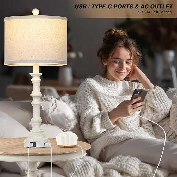 27.5" White Tall Lamp for Living Room, Vintage Farmhouse Table Lamps Set of 2 with USB C+A Ports & AC Outlet, 3-Way Touch Control Bedside Lamps, Rustic Bedroom Lamp for Nightstand Side Table - Bloomnest