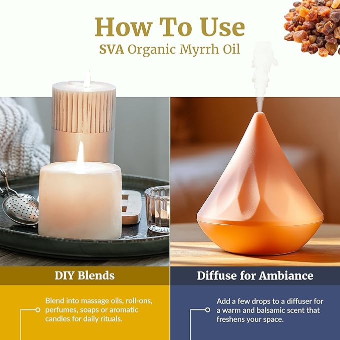 SVA Myrrh Essential Oil Organic – 1/3 Fl Oz – 100% Natural Organic Myrrh Oil - for Diffuser, Hair Care, Face, Skin Care, Aromatherapy, Scalp and Body Massage, Soap and Candle Making - Bloomnest
