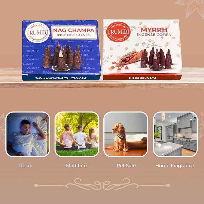 TRUMIRI Incense Cones - Combo Pack of 20 Cone Incense - 10 Myrrh + 10 Nag Champa - Insence Cones - Incense Cones Scented - Cone Incense Scents - Insense Cones - Incent Cone TRUMIRI