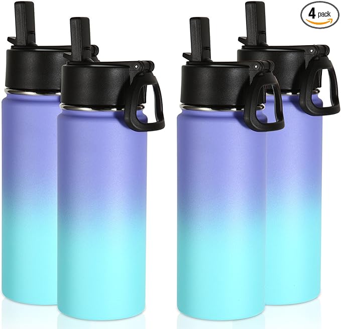 Volhoply 16 OZ Kids Water Bottle Bulk 4 Pack,Insulated Sports Bottles with Straw Lid,Stainless Steel Bottle with Handle Keep Cold & Hot,Double Wall Vacuum Tumbler Cups for School(Purple Blue, 4) - Bloomnest