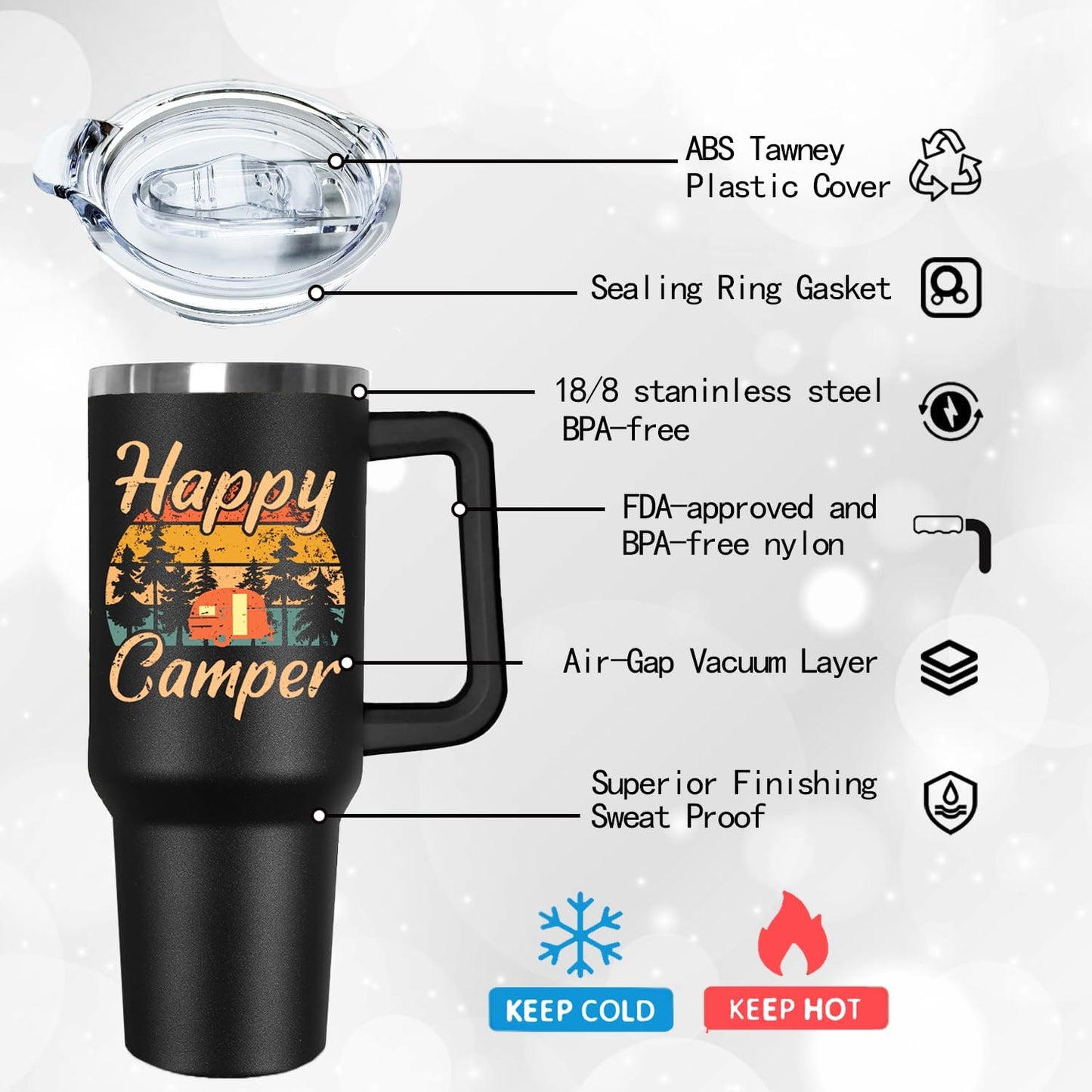 Ceovfoi Camper Tumbler with Handle,40 oz Camping Tumbler with Handle Lid and Straw,Camping Coffee Mug Cup Vacuum Insulated Travel Tumbler with Handle Lid and Straw,Rv Camping Essentials Accessories