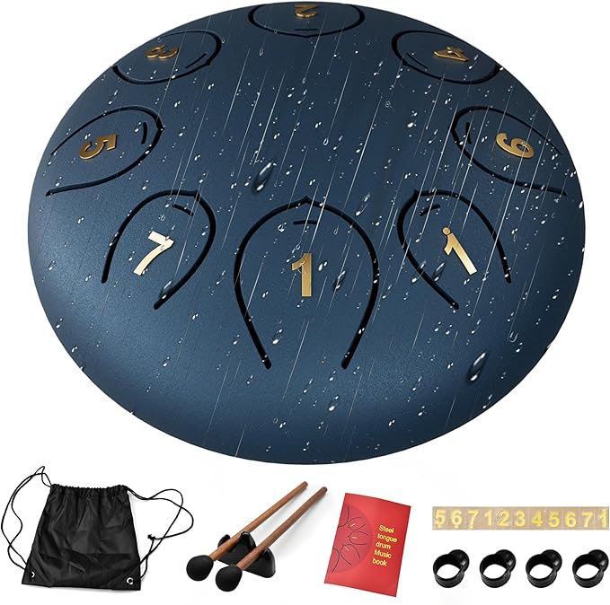 Steel Tongue Drum 6 Inch 8 Notes, Rain Drums for Outside C major, Hang Instrument, Handpan for Kids, Ethereal Hand Pan for Meditation Yoga Musical Education, Navy Blue - Bloomnest