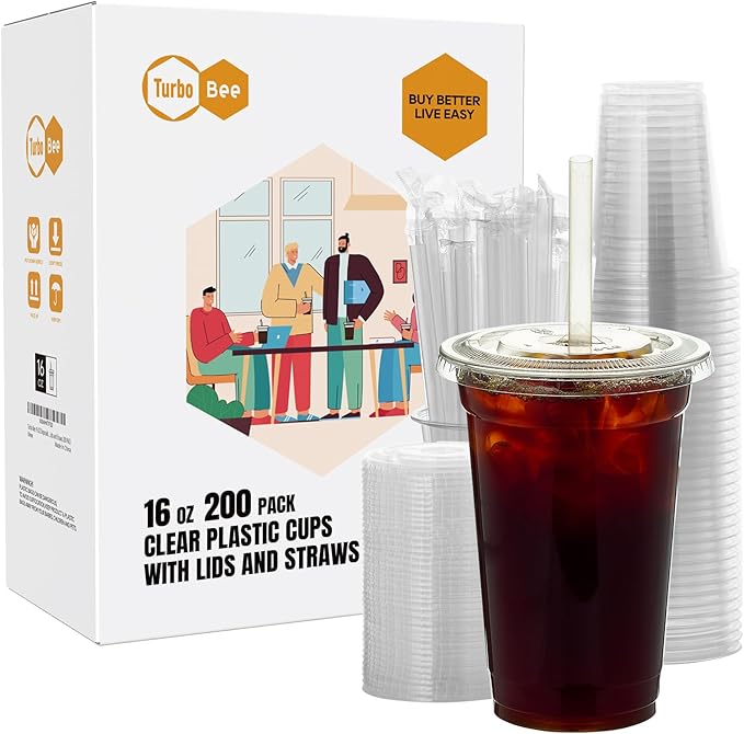Turbo Bee 200 Sets 16 OZ Clear Plastic Cups with Lids and Straws, Disposable To Go Iced coffee cups with lids for Cold Drinks, Smoothie, and Slushie - Bloomnest