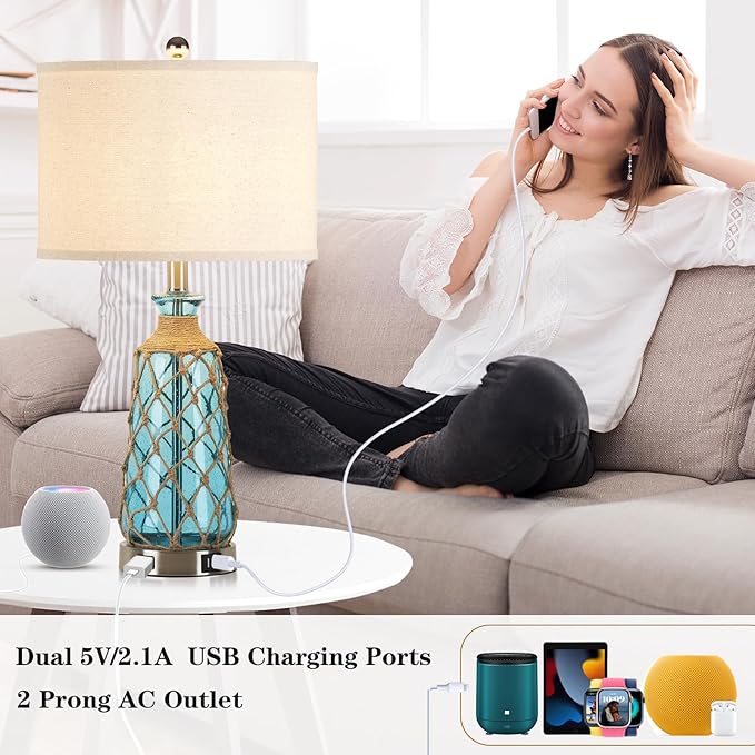 Coastal Glass Table Lamps, 3-Way Dimmable Touch Control Bedside Lamps with 2 USB Ports and AC Outlet, Teal Nautical Nightstand Lamps for Bedroom Living Room (LED Bulbs Included) - Bloomnest
