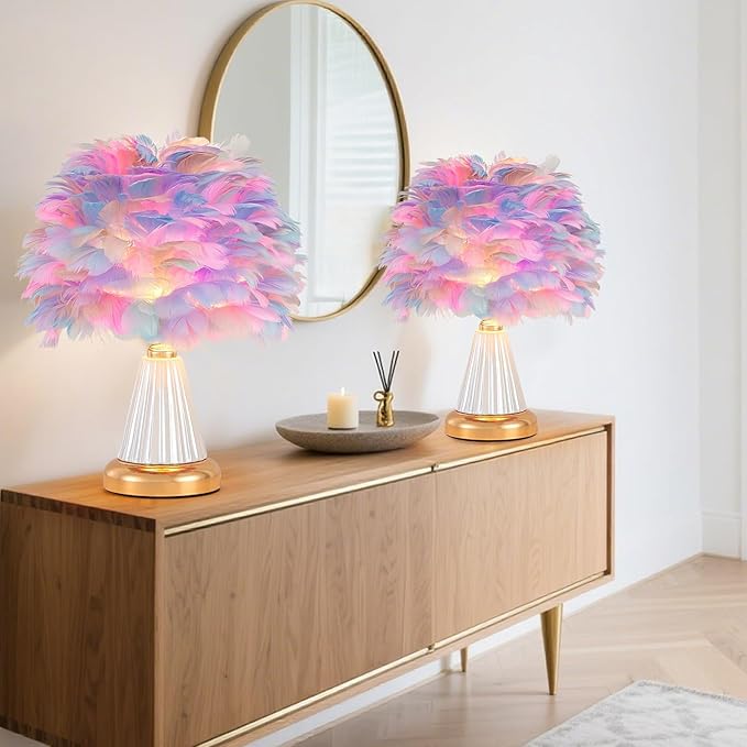 Colorful Feather Table Lamp Cute Ceramic Fluffy Bedside Lamp Princess Furry Nightstand Light Girl Romantic Desk Lamp for Girl Bedroom Living Room Office Nursery Valentines Wedding Decor - Bloomnest