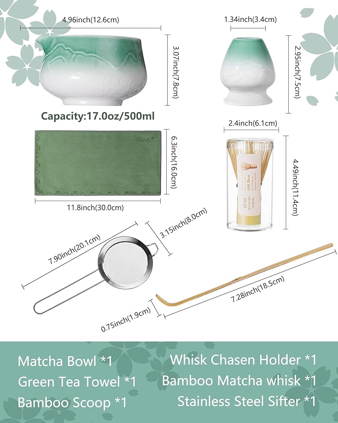 ZENS Matcha Whisk Set, 6Pcs Matcha Set Includes Ceramic Bowl, Bamboo Whisk and Chasen Holder,Scoop, 304 Stainless Sifter & Tea Mat, Matcha Kit for Tea Ceremony, Blue - Bloomnest