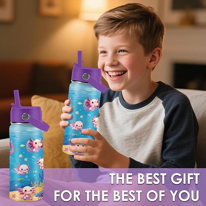 Axolotl Gifts for Girls 16 oz Kids Water Bottle with Straw Lid, Stainless Steel Insulated Tumbler, Leak Proof, BPA-Free,Adorable Ocean Animal Mug Cup for Sports,Travel Children Birthday Gifts (1pc) - Bloomnest